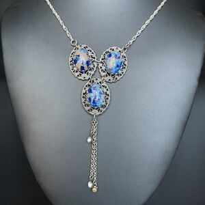 VTG Blue And Gold Marbled Cabochon Silver Tone Lariat Necklace With Tassel 18”